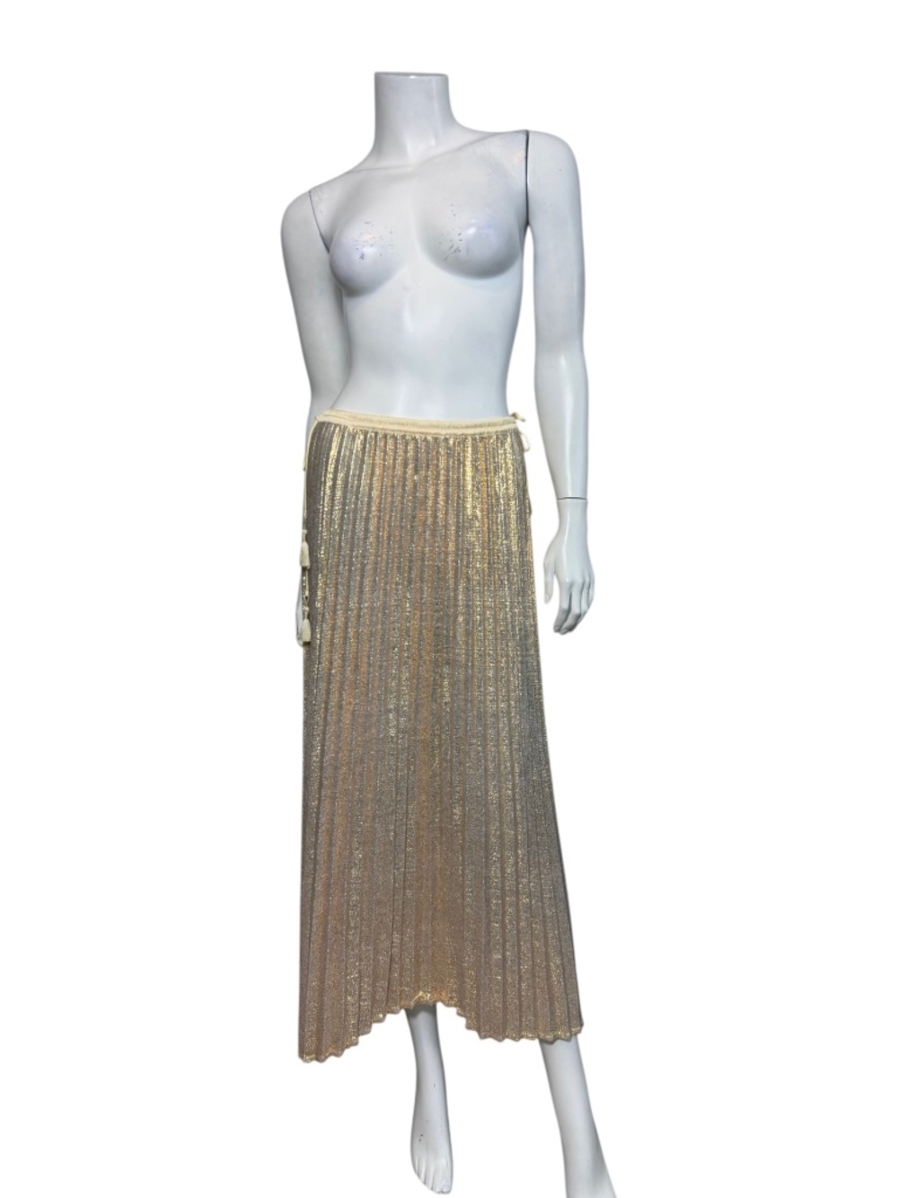 FLANNEL Gold Metallic Pleated Midi Skirt Tassel Tie Size 2